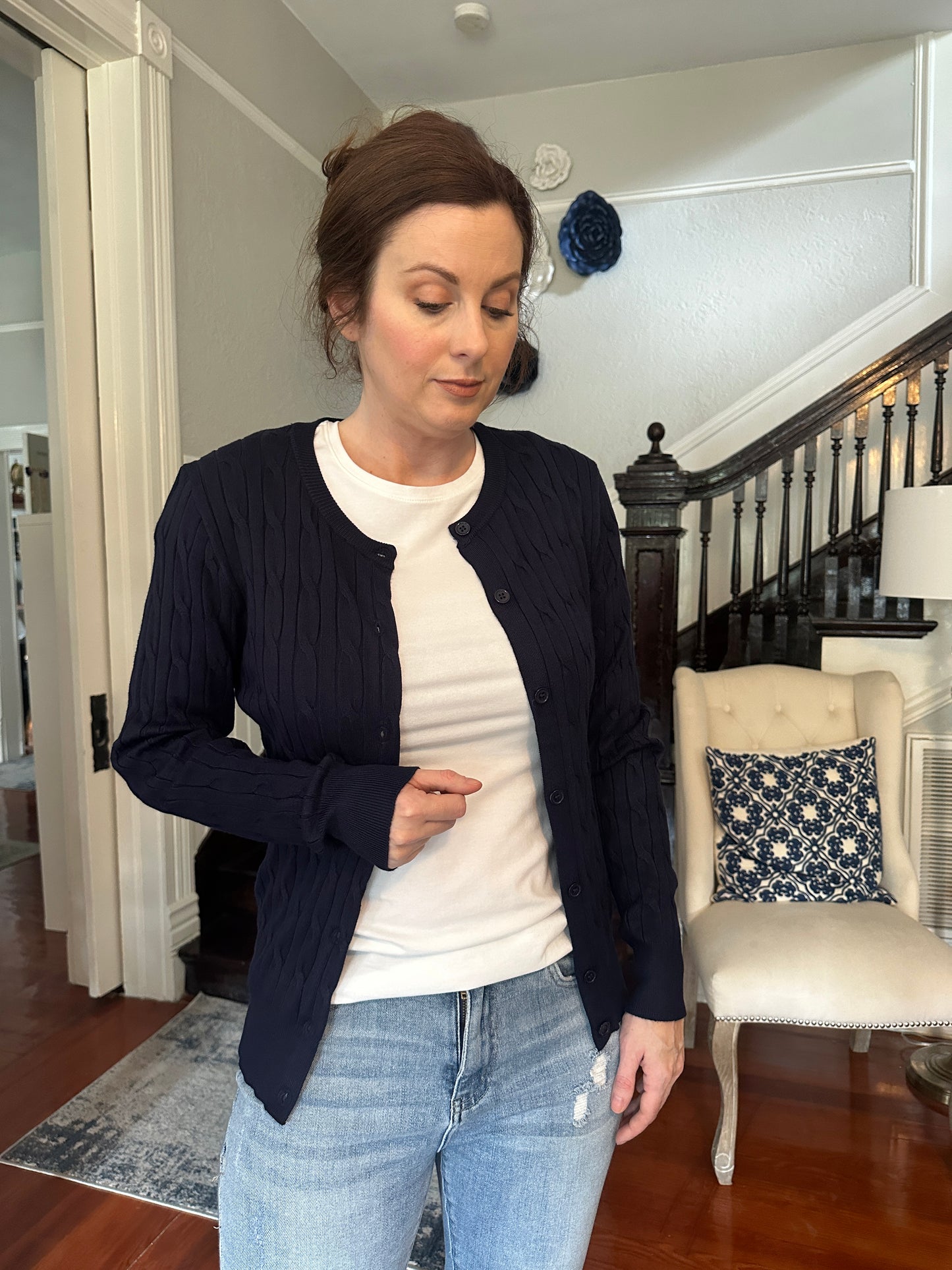 Navy Cable Button Cardigan