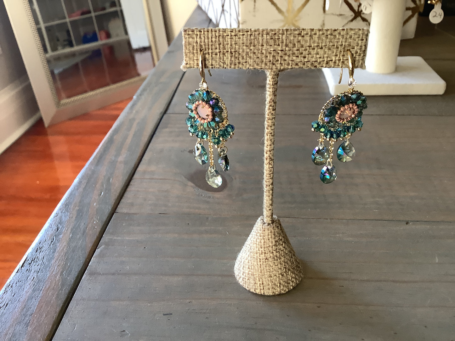 Blue iridescent bead drop earrings