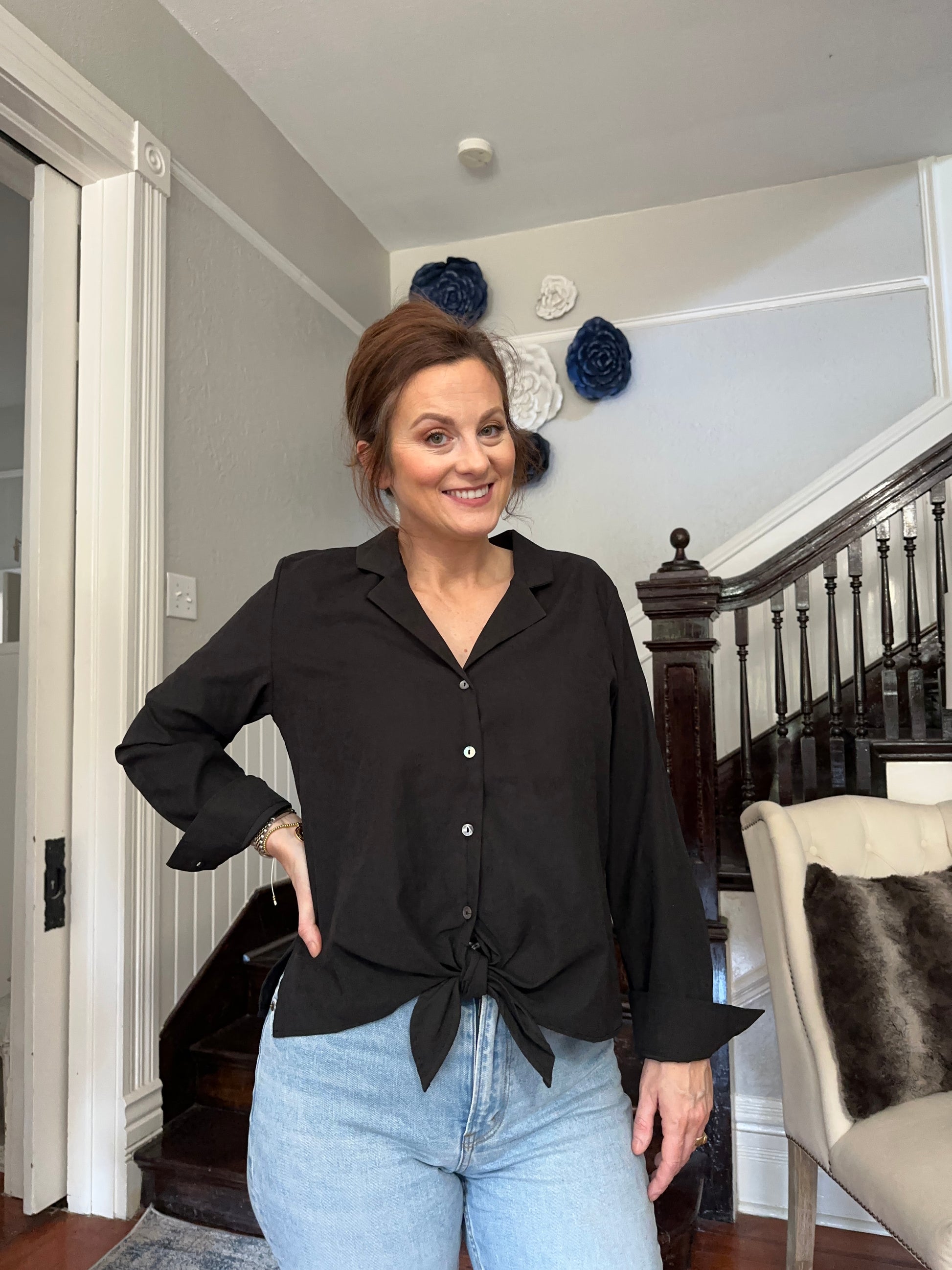 Black Long Sleeve Tie Front Top by June
