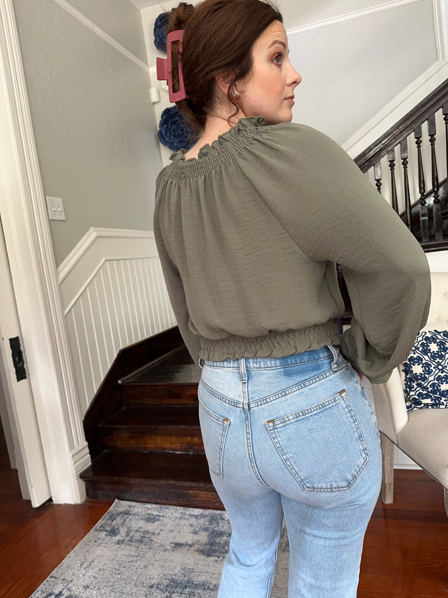 Olive Long Sleeve Top with Smocking