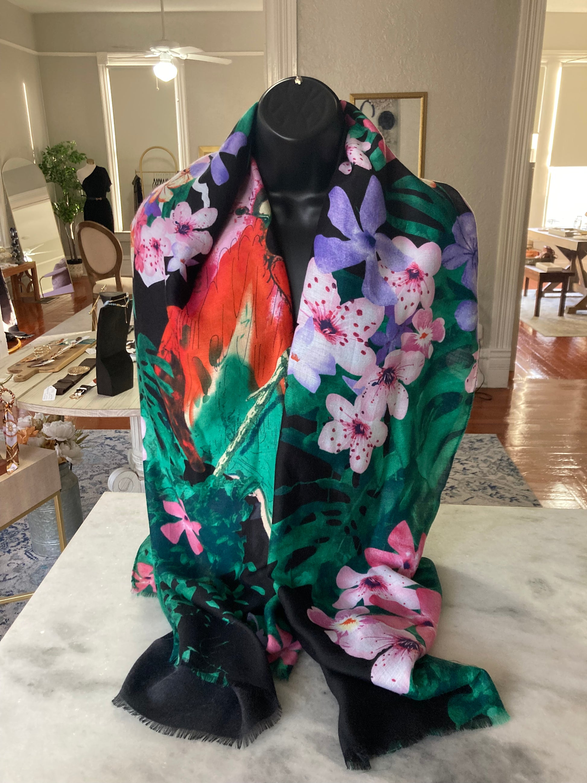 Black floral print scarf by June