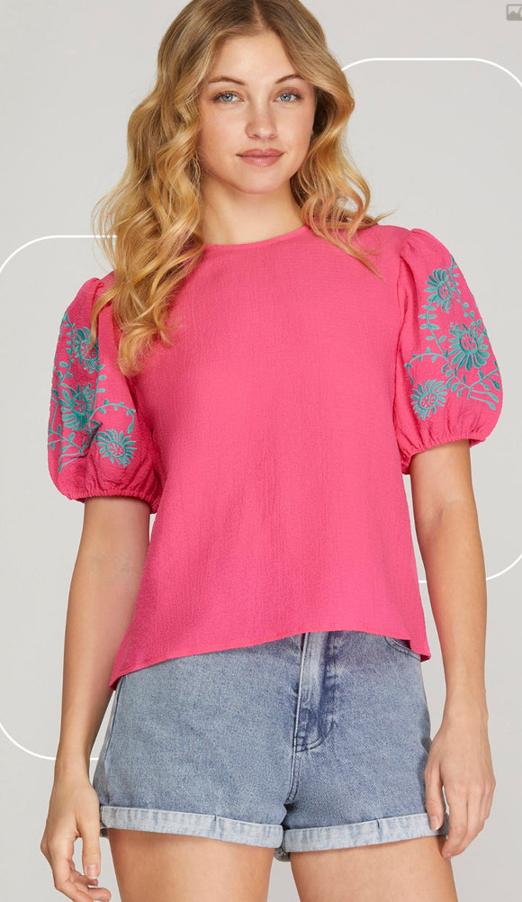 Pink embroidered sleeve top