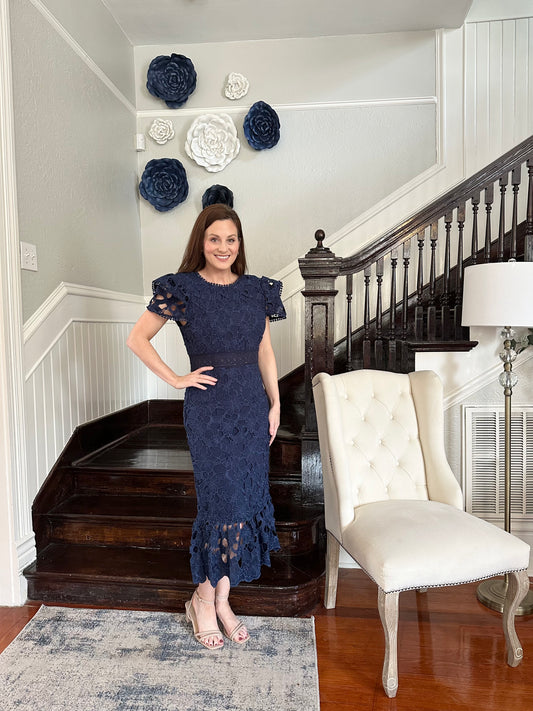 Navy lace cap sleeve midi dress