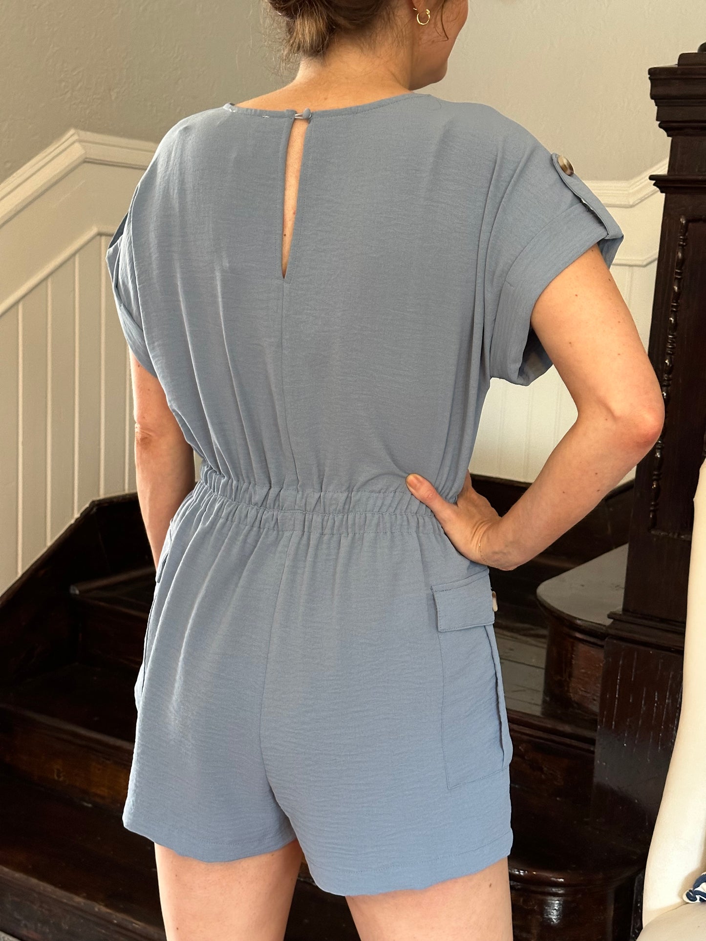 Blue tie waist romper