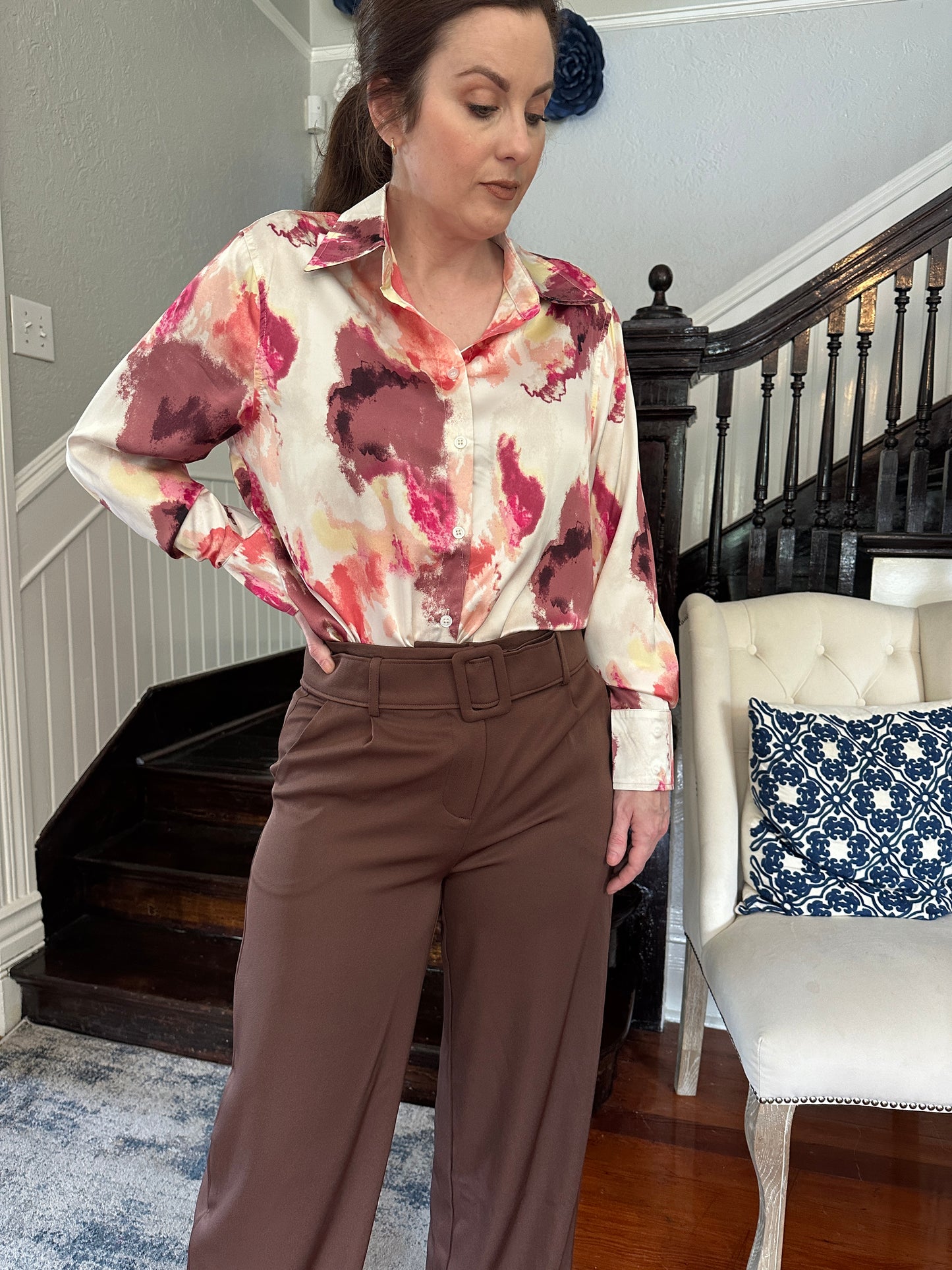 Brown Belted Wide Leg Trouser