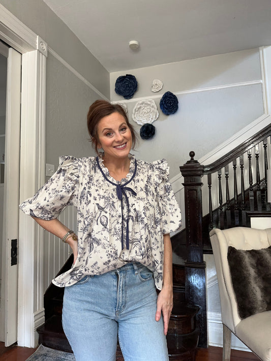 Navy Floral Half Sleeve Ruffled Top