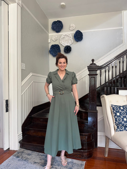 Olive Green Belted Midi Dress