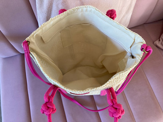 Straw tote w/ hot pink handles & crossbody strap