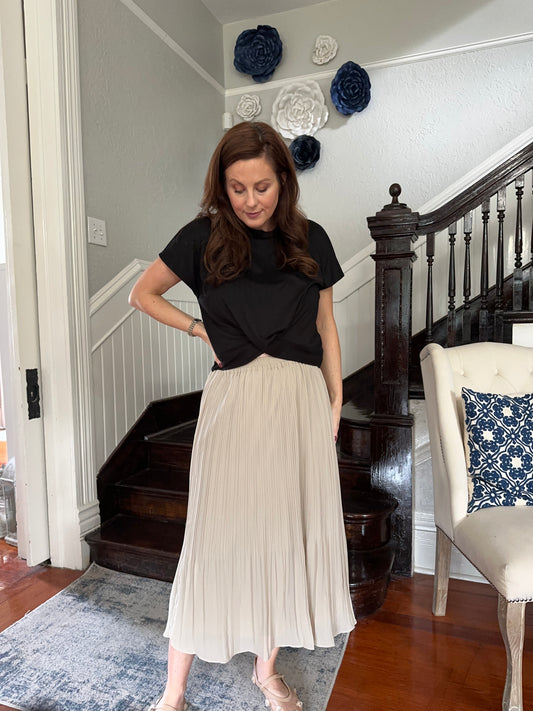 Beige Pleated Midi Skirt
