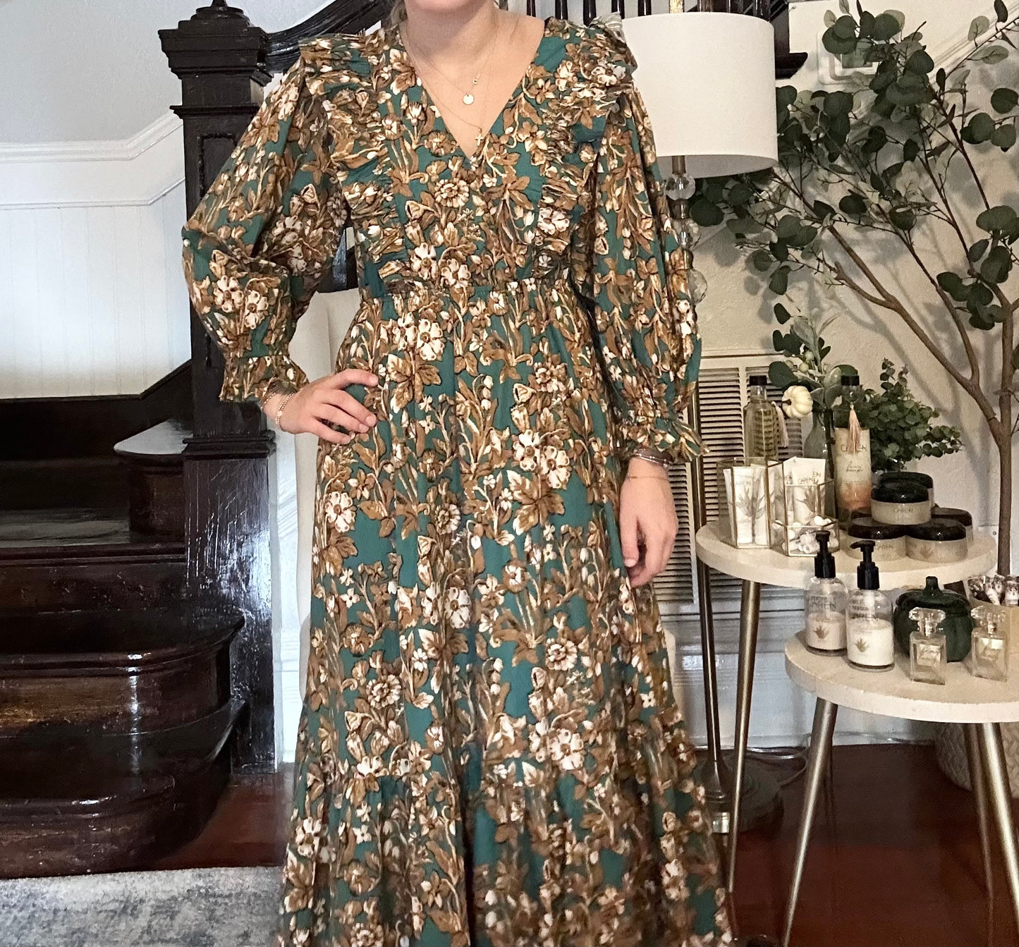 Green Camel Floral Midi Dress