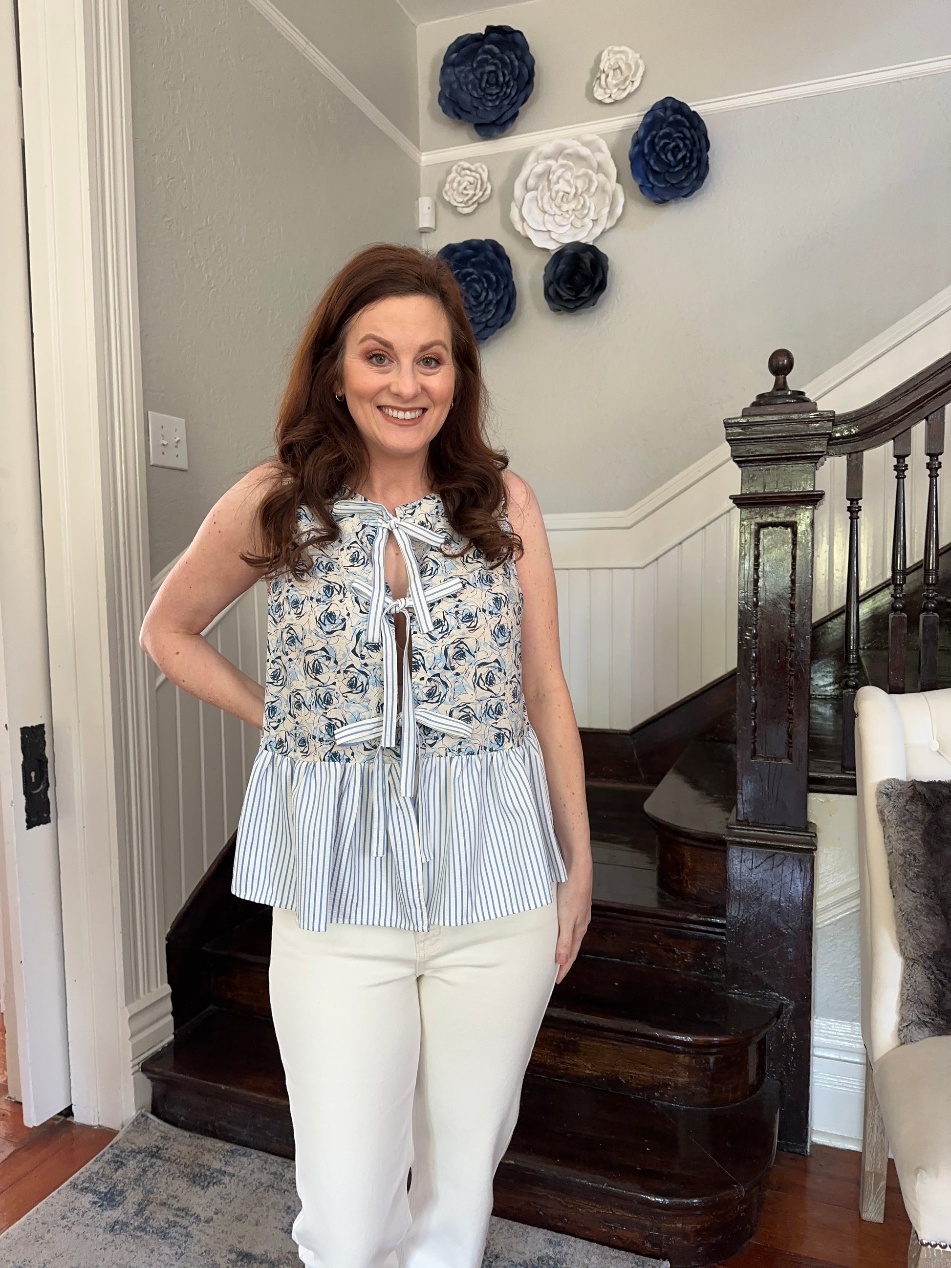 Blue Floral/striped Tie front top by June