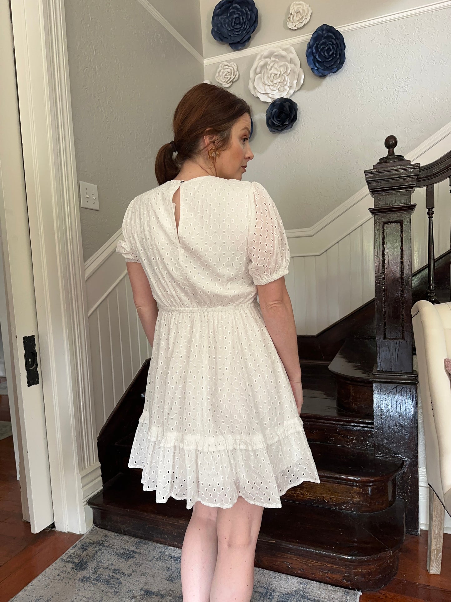 Off White Puff Sleeve Eyelet Dress