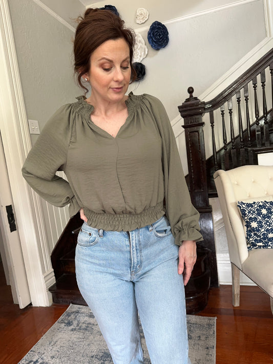 Olive Long Sleeve Top with Smocking