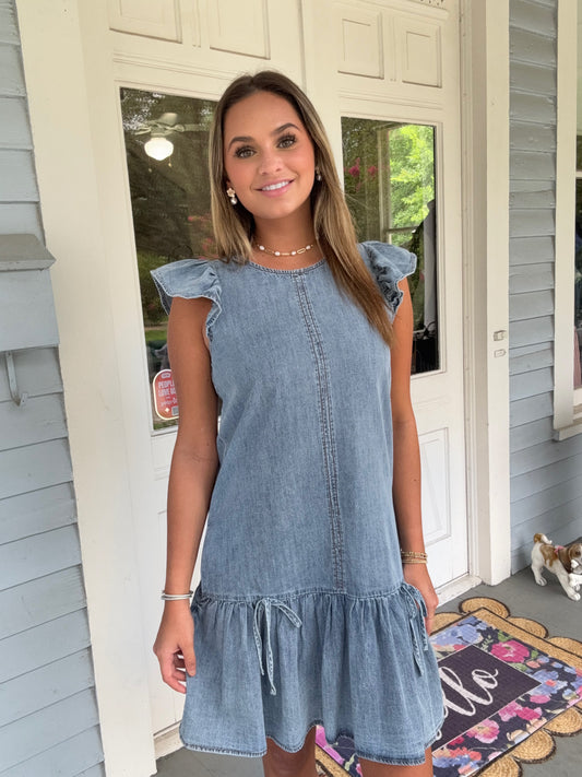 Denim Blue Ruffled Sleeve Mini with Bow Detail