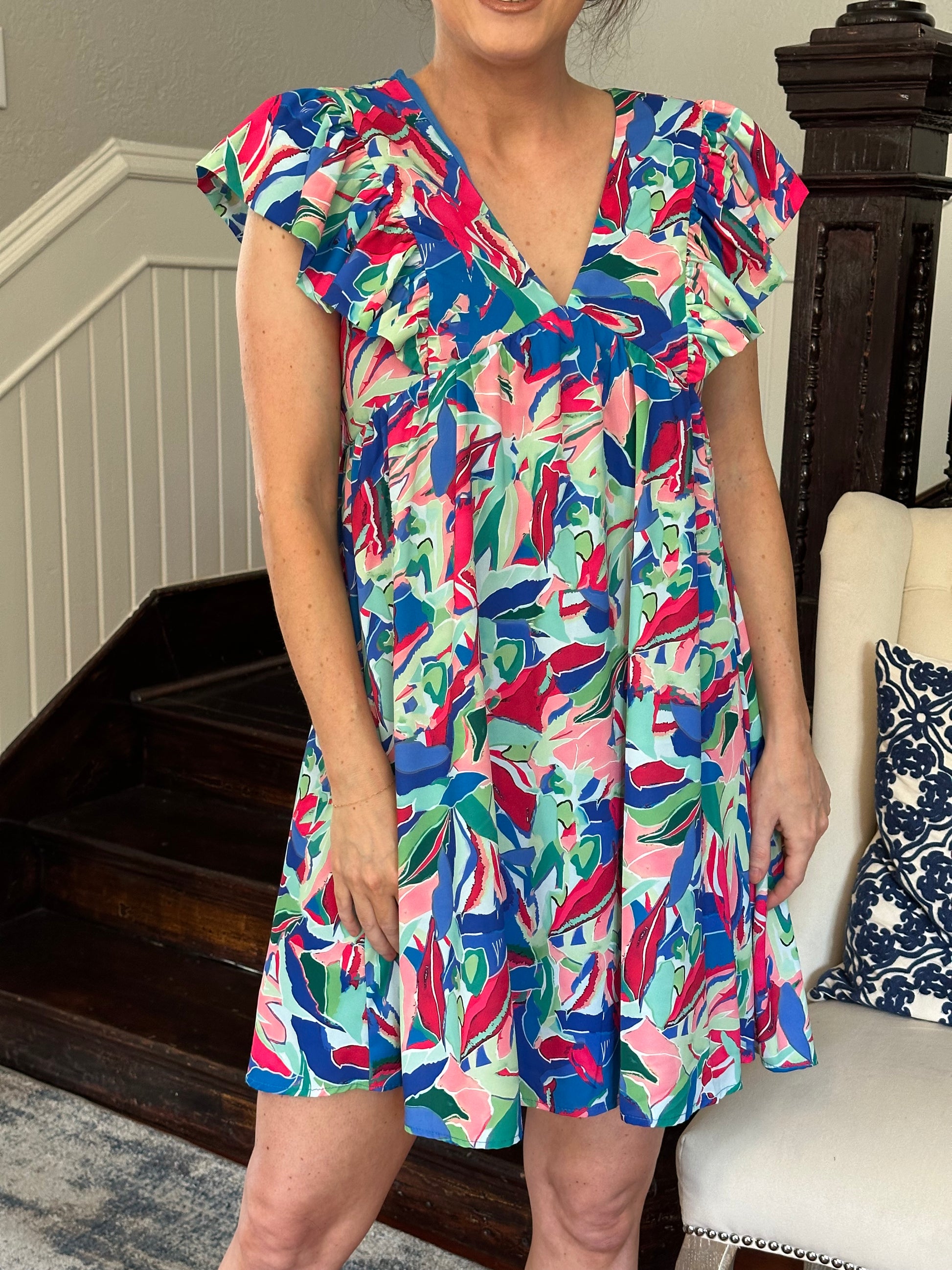 Blue Green Print Babydoll Dress by June