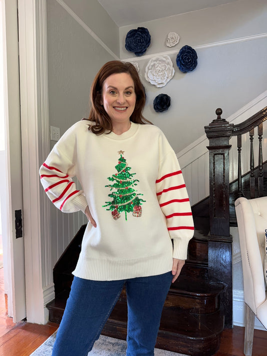 White Christmas Tree Stripe Sweater