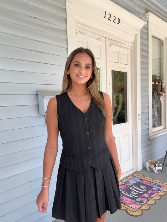 Black Striped Vest, Pleated Mini Dress