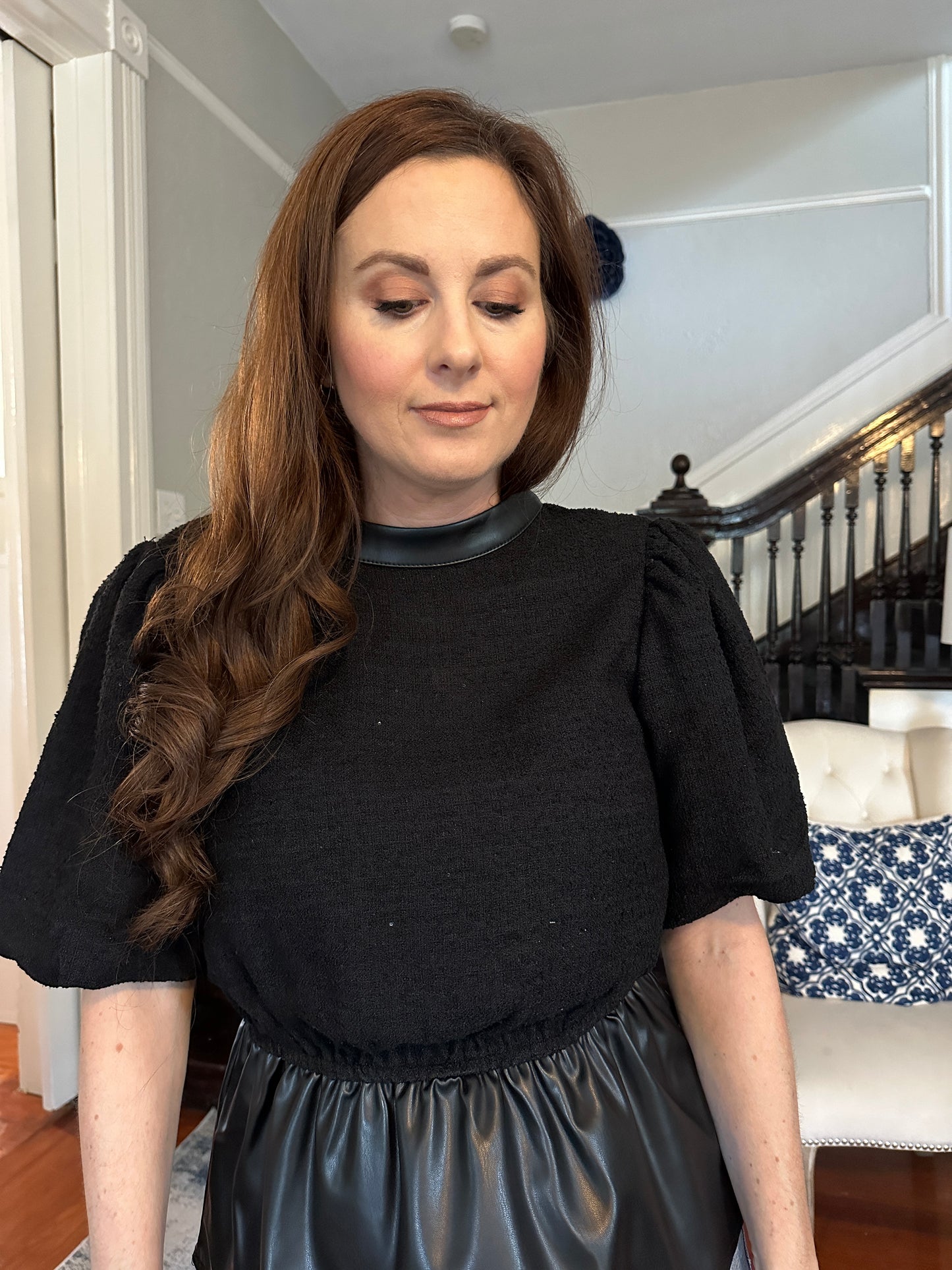 Black Tweed/faux Leather Peplum Top