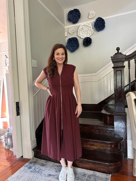 Wine Corduroy Zip Up Dress