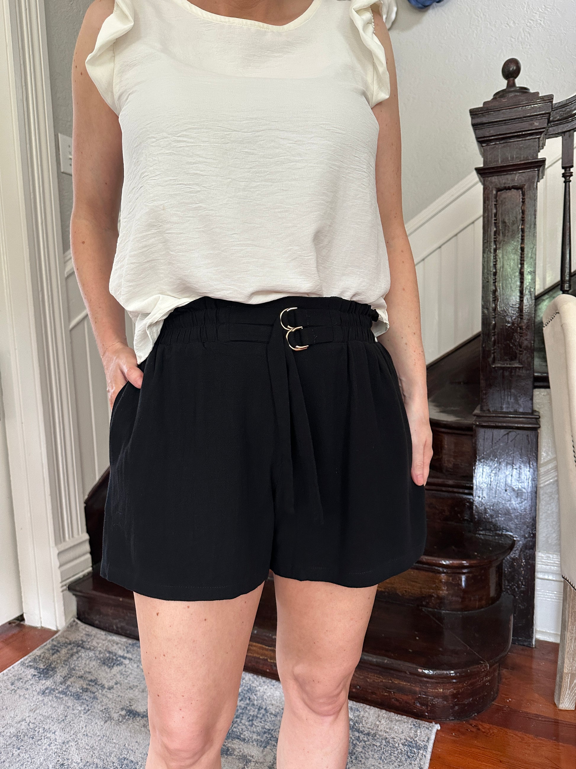Black Linen Buckle Shorts by June