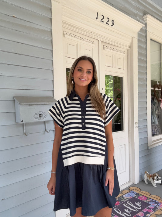 Navy Short Sleeve Striped Mini Dress