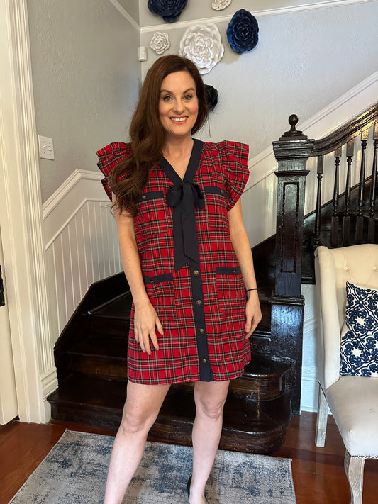 Red Plaid Button Shift Dress