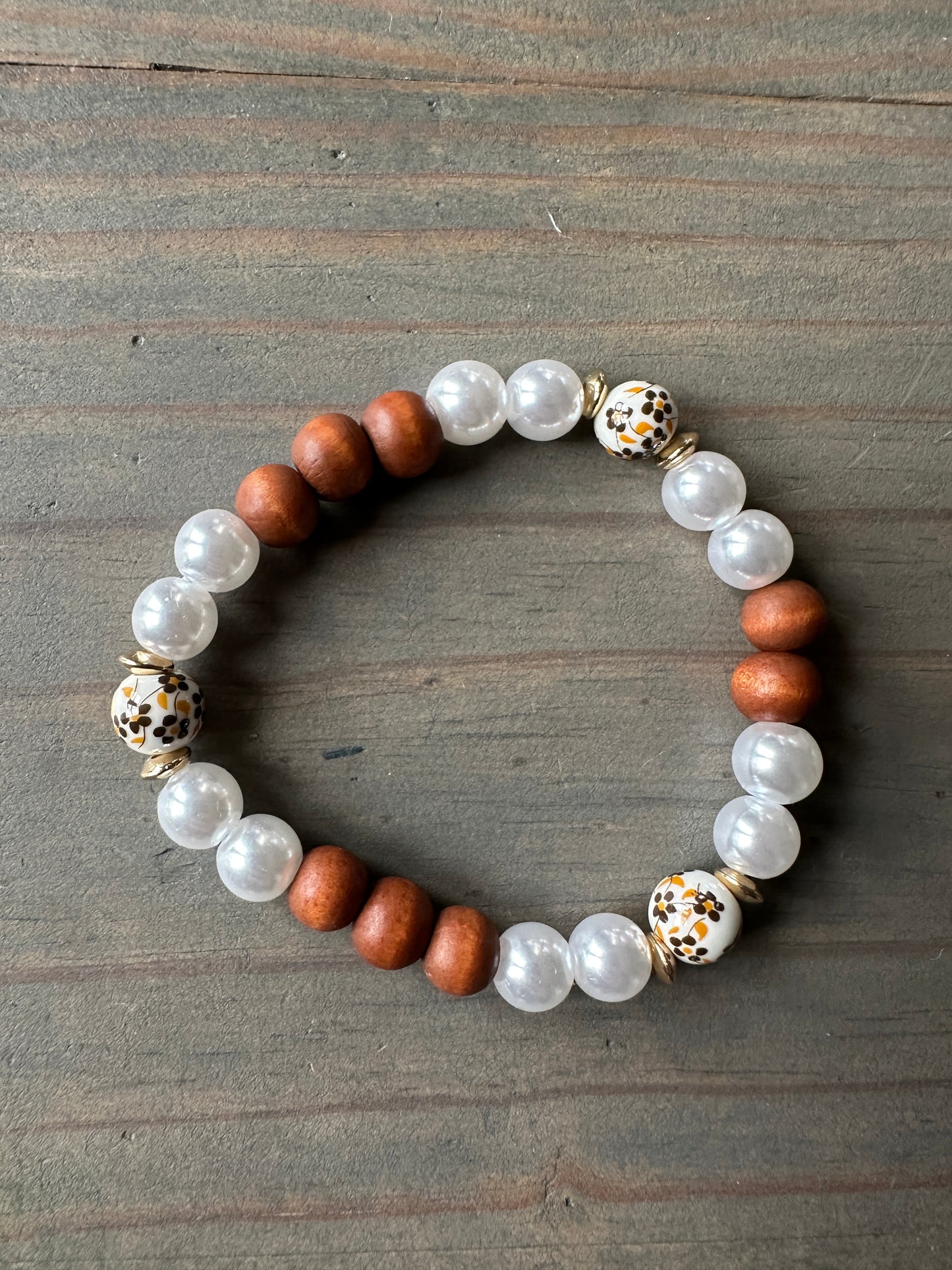 Pearl, wood and floral bead bracelet