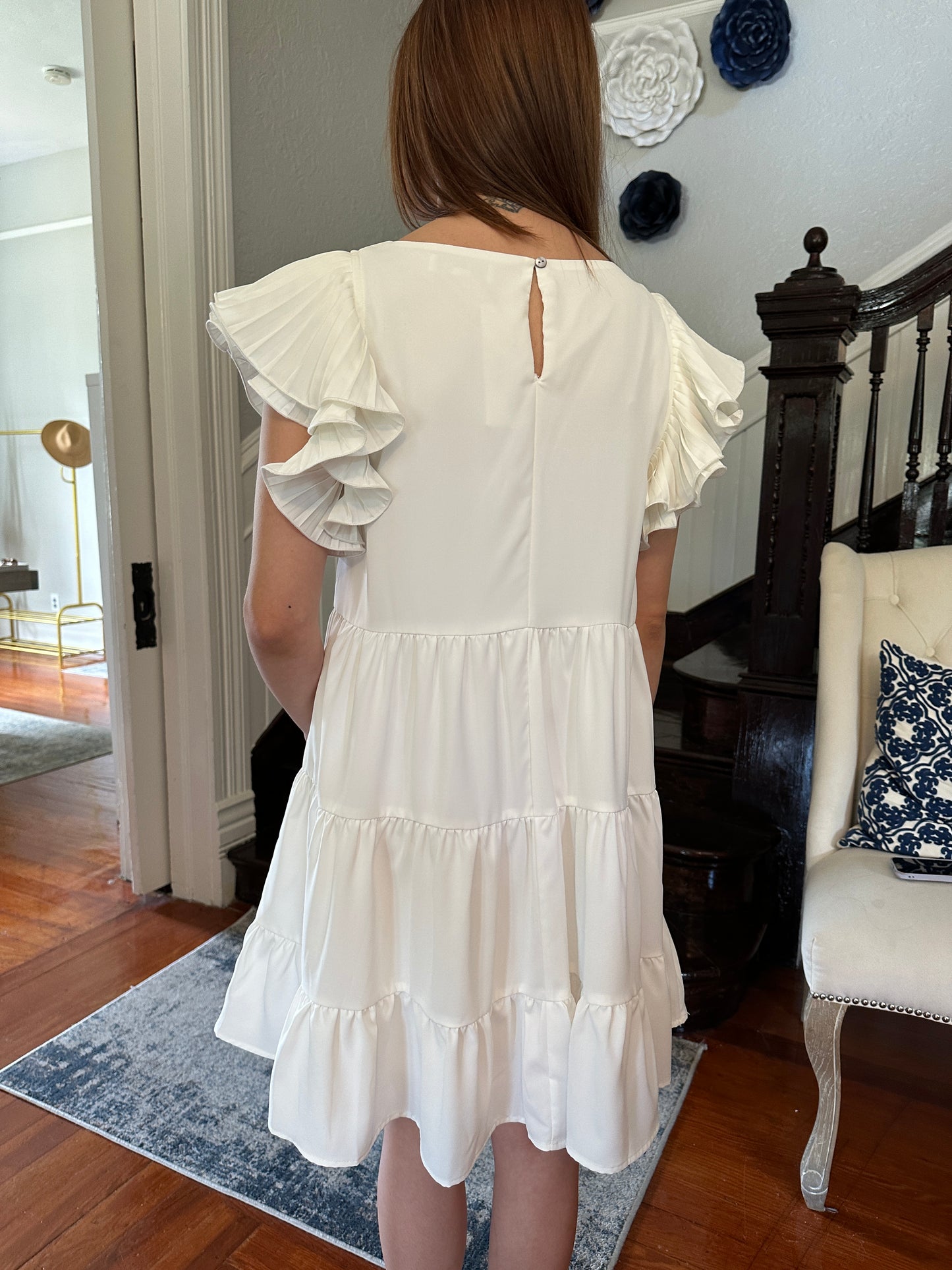 White Pleated Sleeve Dress