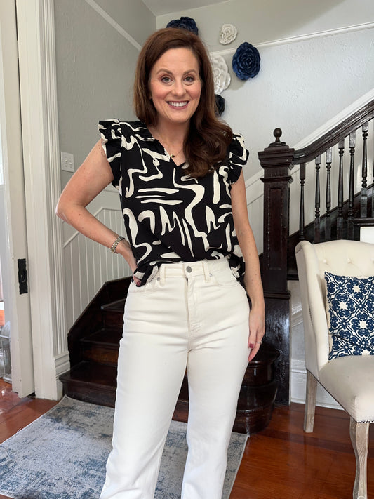 Black/White Ruffled V Neck Top