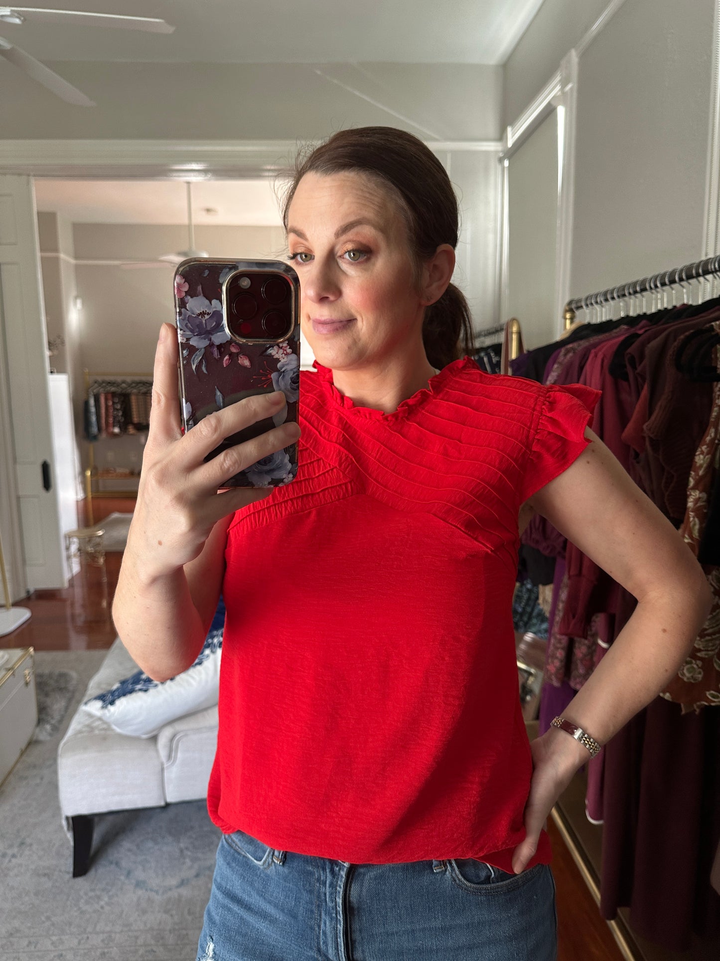 Red Ruffle sleeve Pintuck top