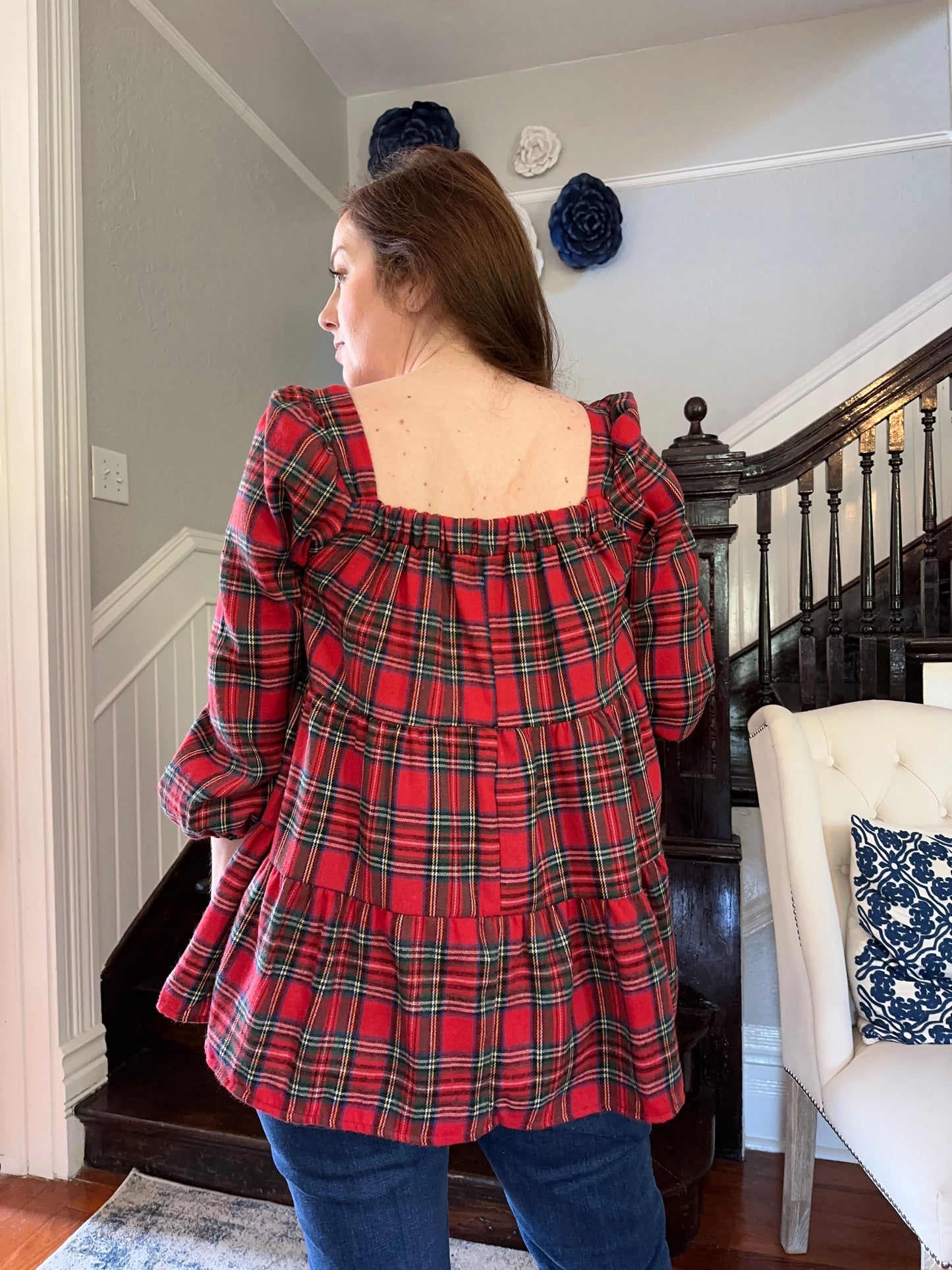 Red Plaid Tiered Square Neck Top