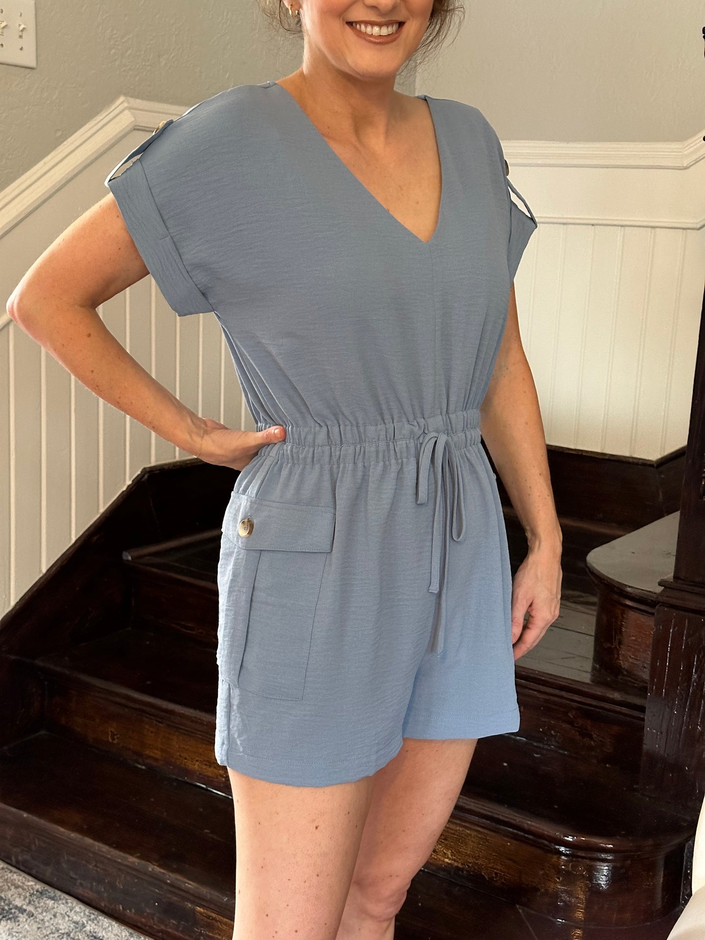 Blue tie waist romper