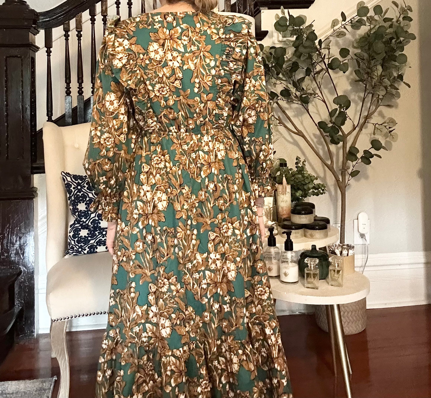 Green Camel Floral Midi Dress