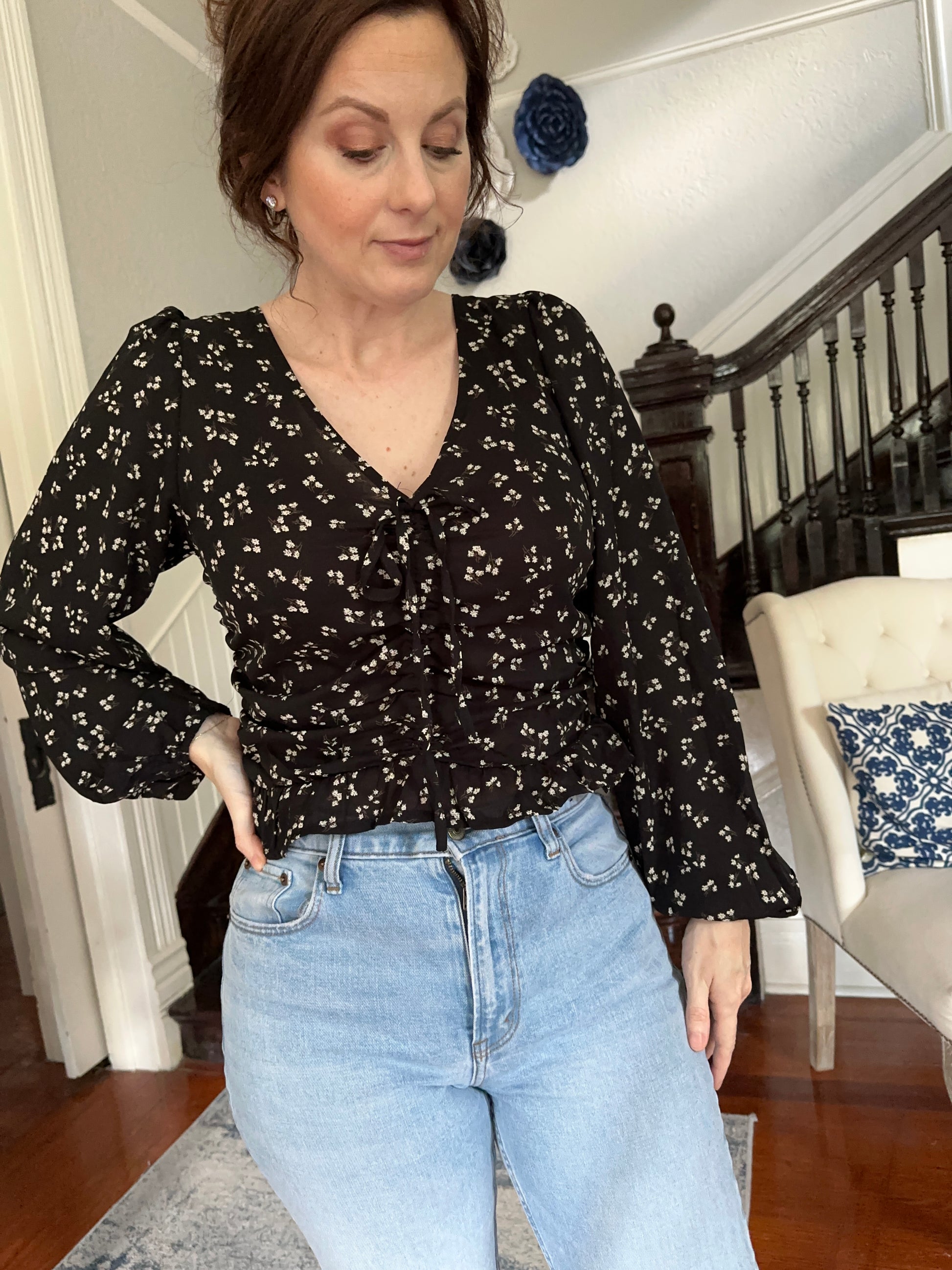 Black Floral Rouch Long Sleeve Top by June