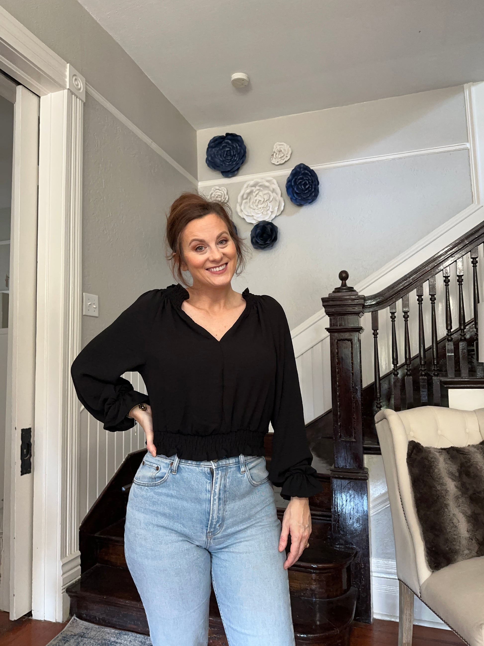 Black Long Sleeved Top w/ smocking by June