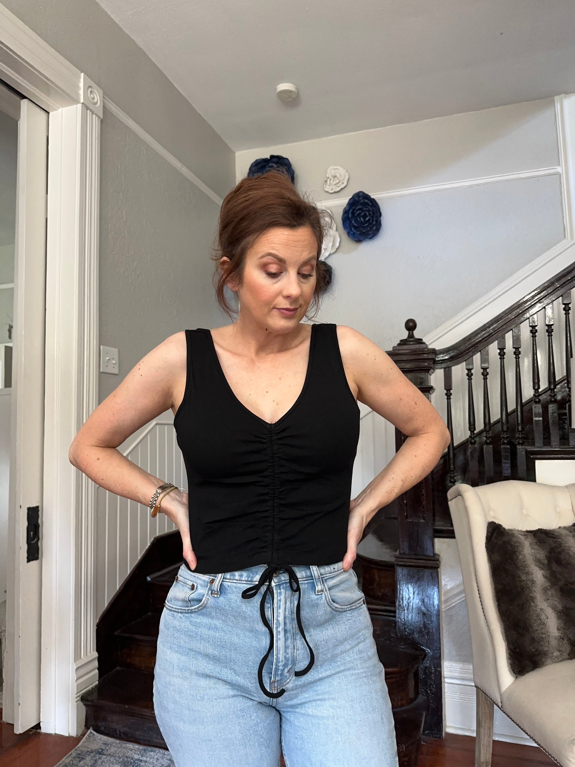 Black Ruched Front Tank Top by June