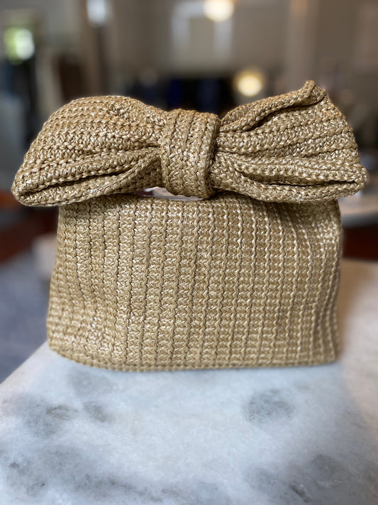 Tan Raffia handbag with Bow handle