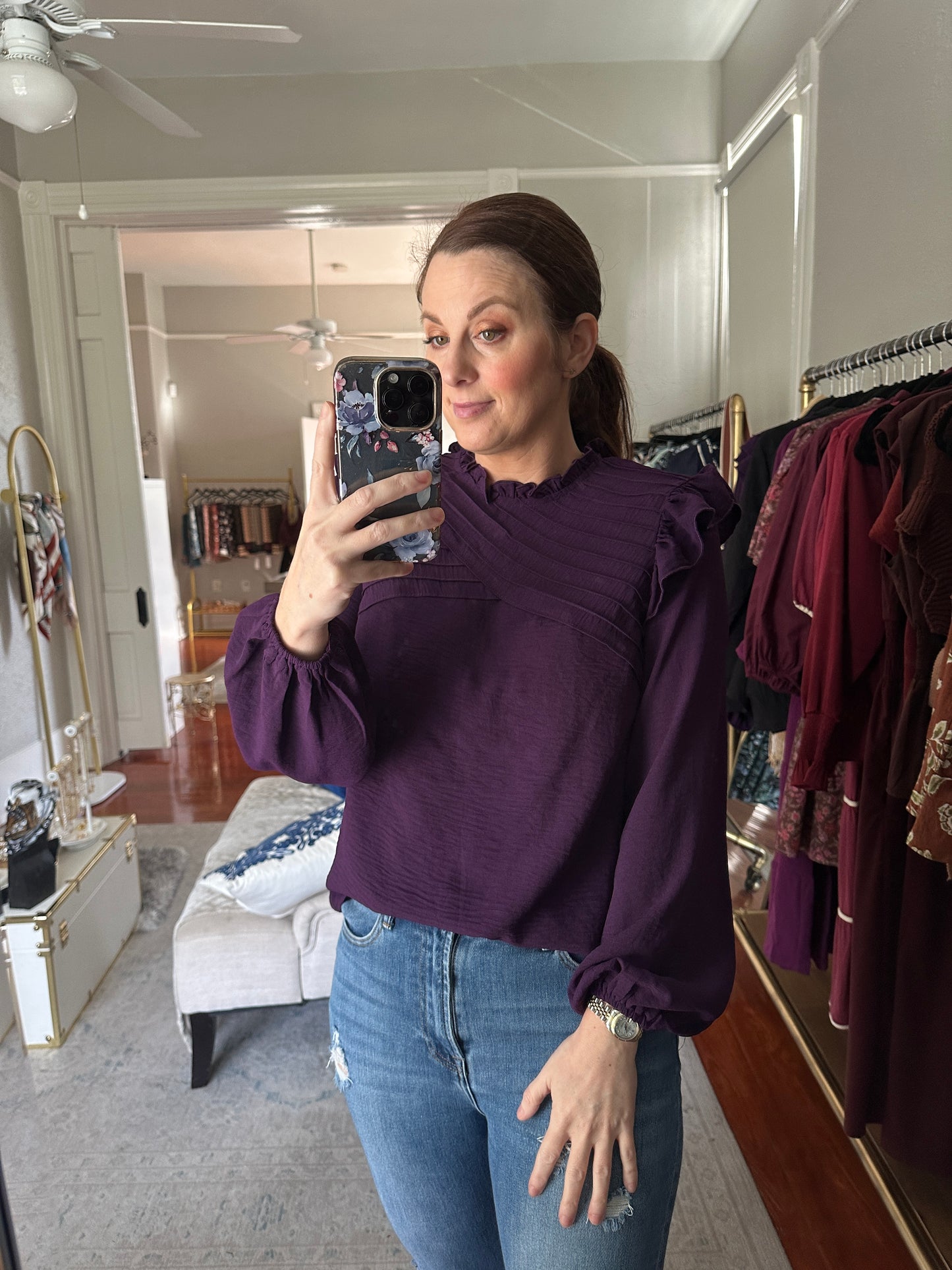 Deep Purple Ruffle L/S Pintuck top