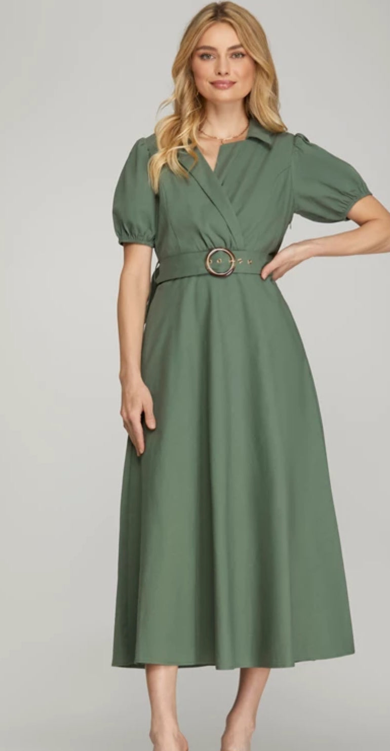Olive Green Belted Midi Dress