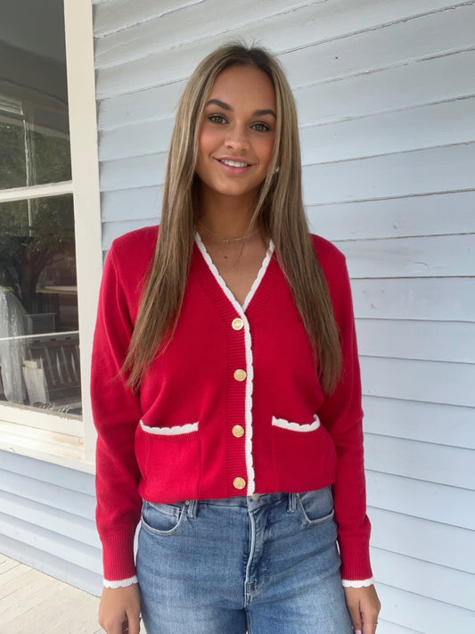 Red White Trim Cardigan