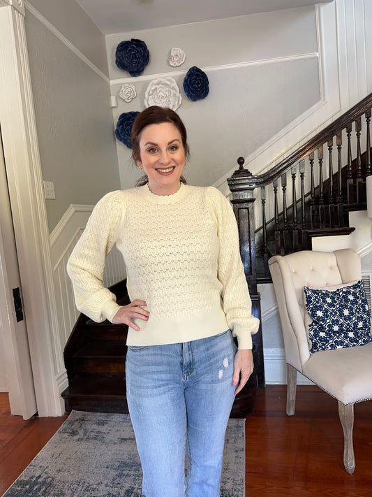 Ivory Puff Sleeve Pointelle Sweater