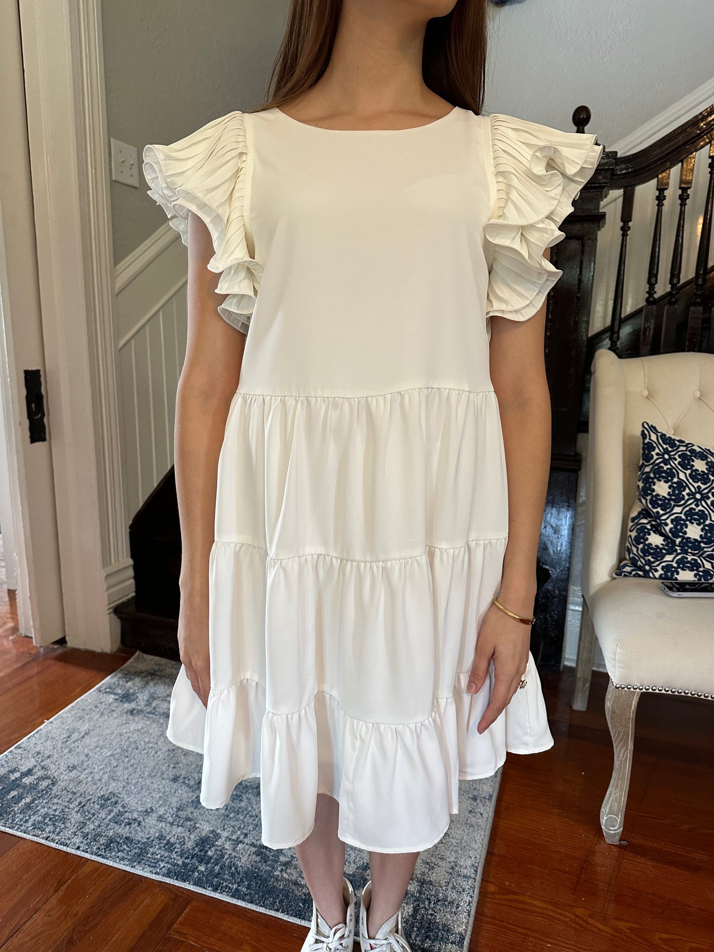 White Pleated Sleeve Dress