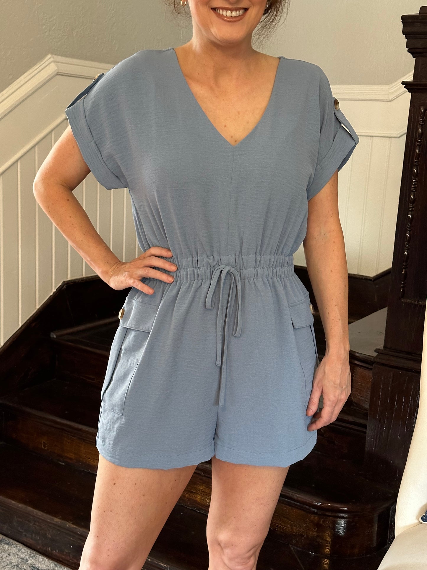 Blue tie waist romper