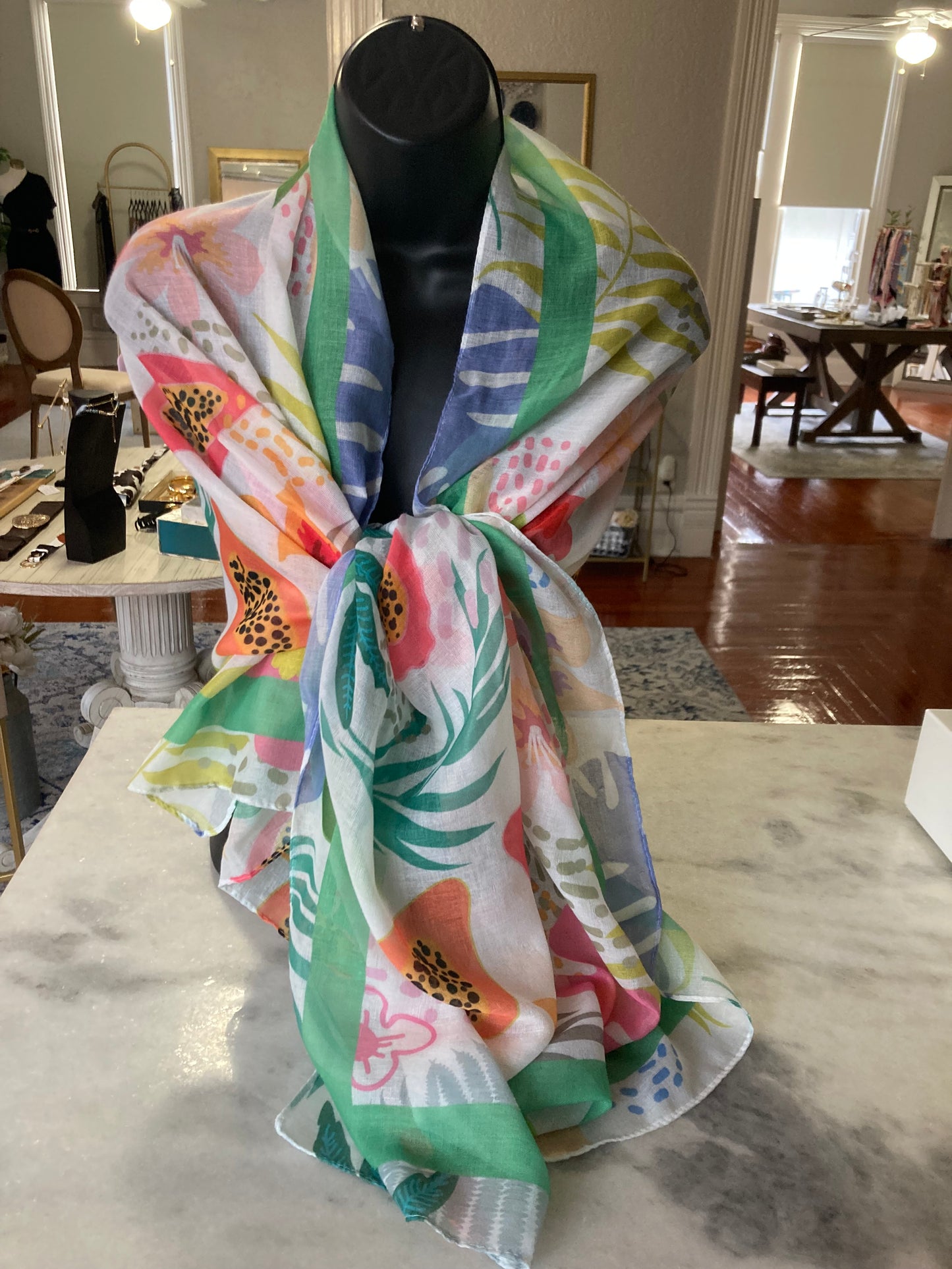 White/multi tropical print scarf