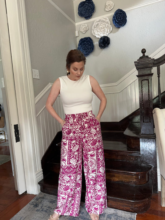 Magenta Print Wide Leg Pants