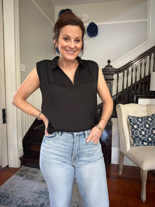 Black Sleeveless Collared Blouse
