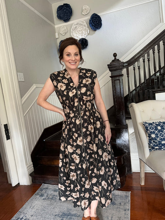 Black Brown Floral Front Zip Dress
