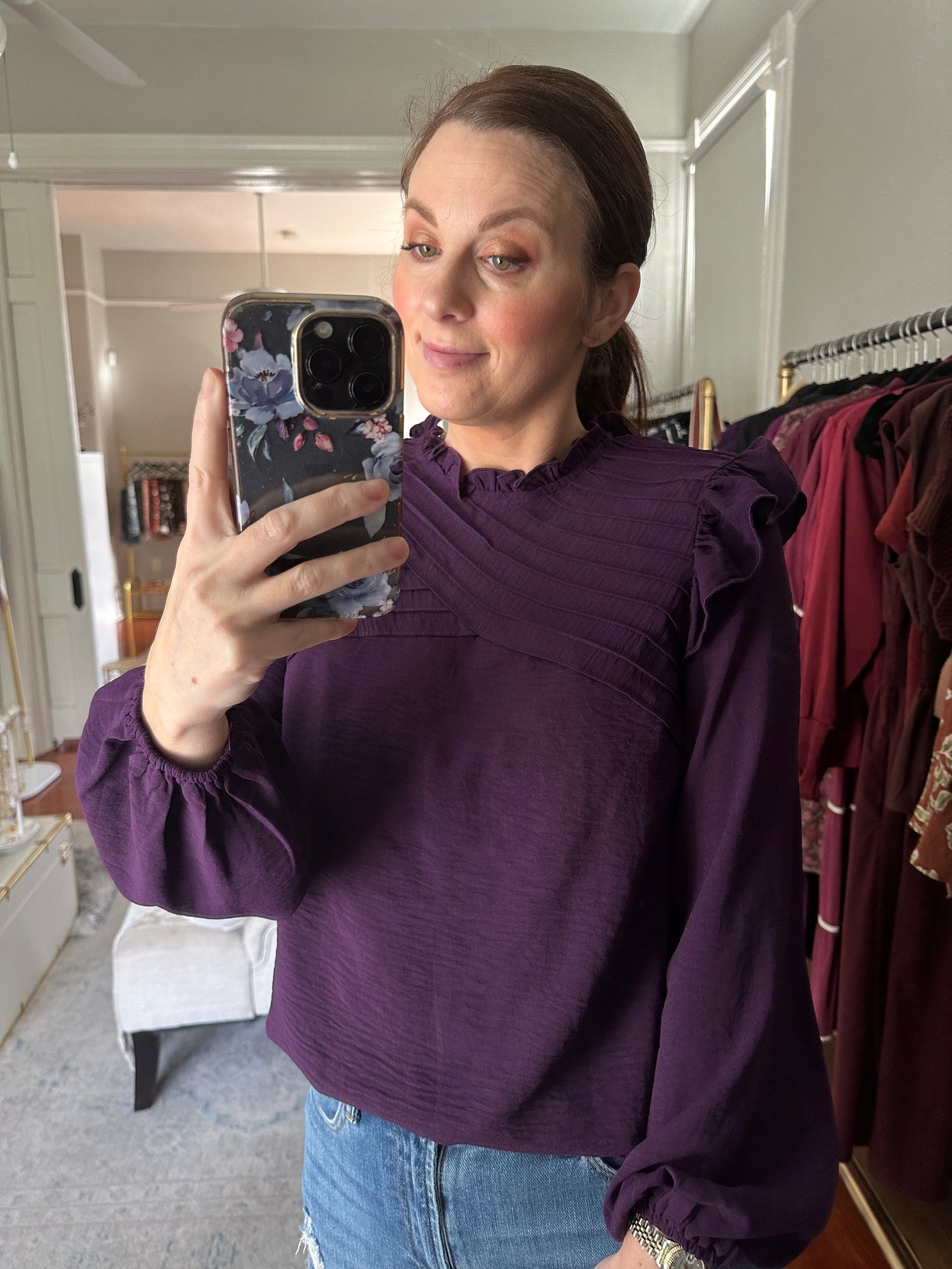 Deep Purple Ruffle L/S Pintuck top
