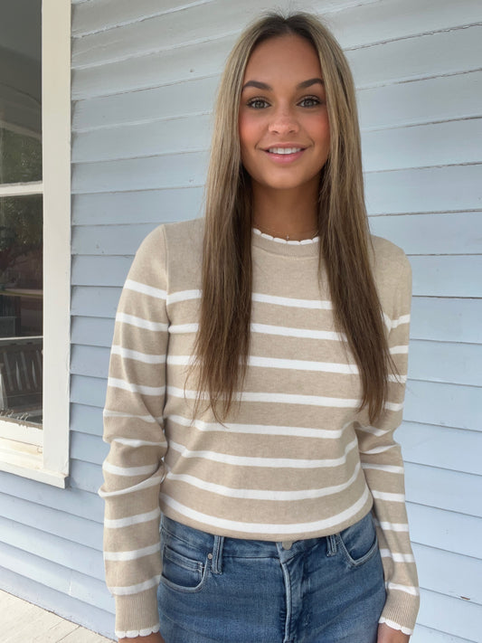 Khaki/Ivory Scalloped edge Striped Sweater