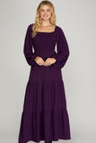 purple maxi long sleeve smocked dress